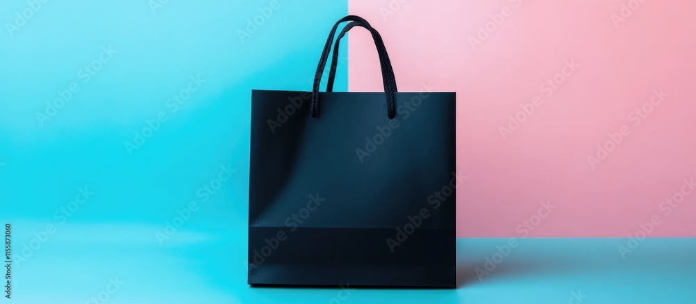 Aufkleber elegant black paper gift bag on soft pastel background with ample empty space for custom text or bra