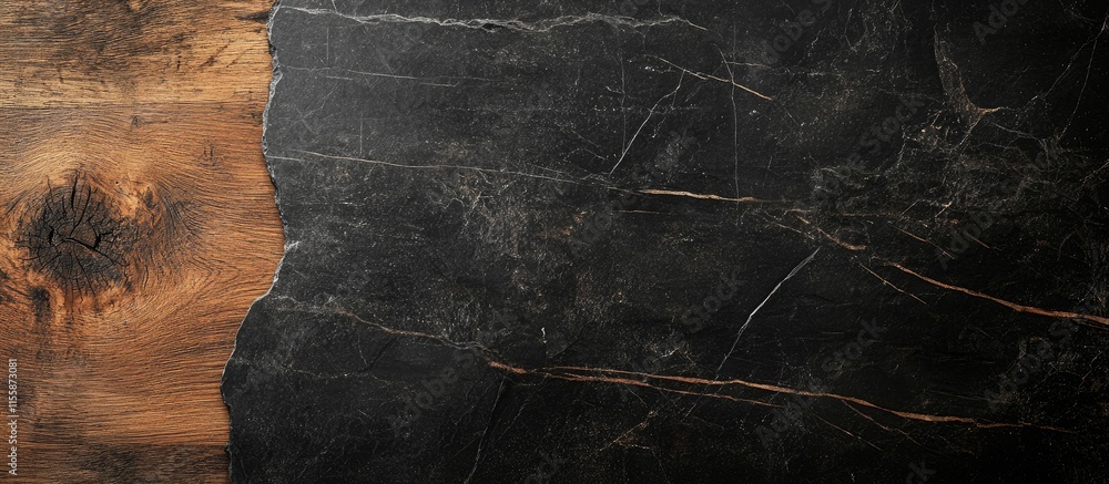 Poster black natural marble and cultivated wood table combining elegance and rustic charm with ample blank 