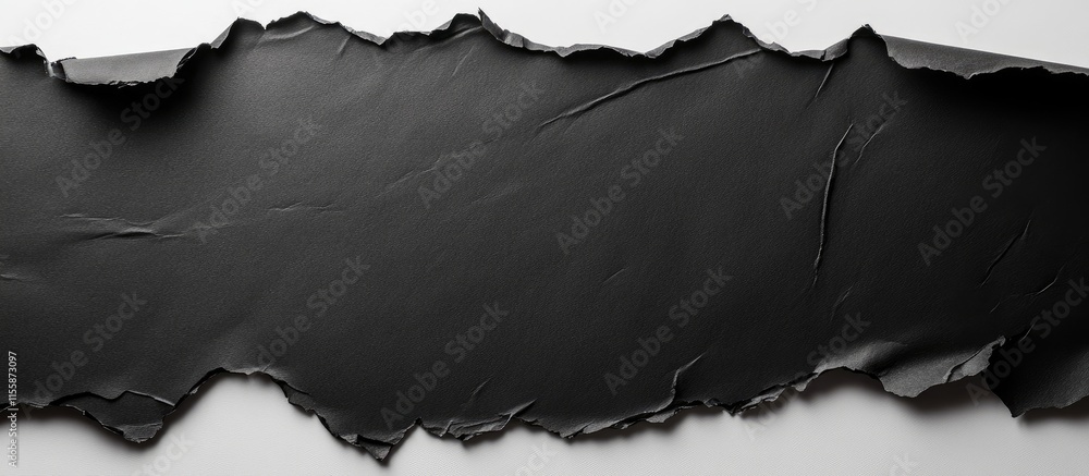 Poster torn black paper texture on white background with ample empty space for text or creative design elem