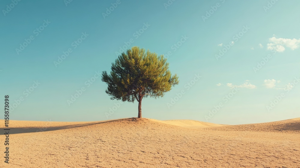 Poster aesthetic desert landscape with a solitary pine tree and expansive empty space for customizable text