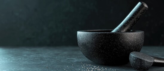 Black granite mortar and pestle set on dark textured background with ample space for culinary or herbal text and graphics