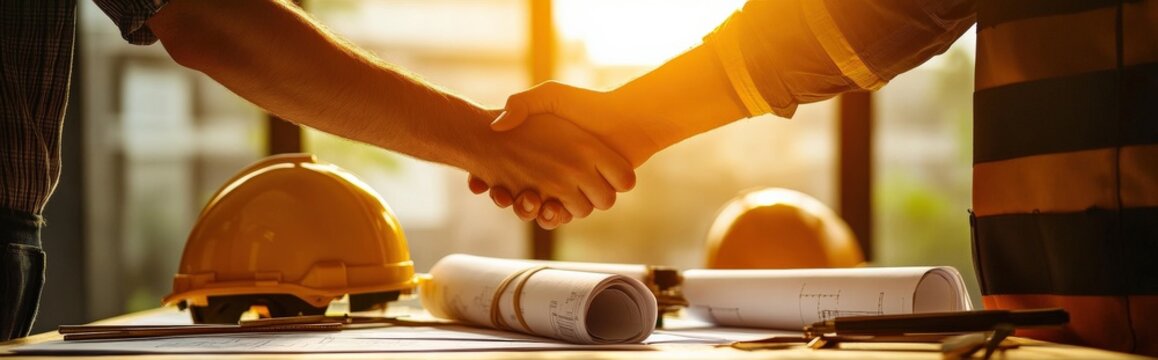 Construction partnership agreement signing office setting business interaction professional environment close-up view collaboration importance