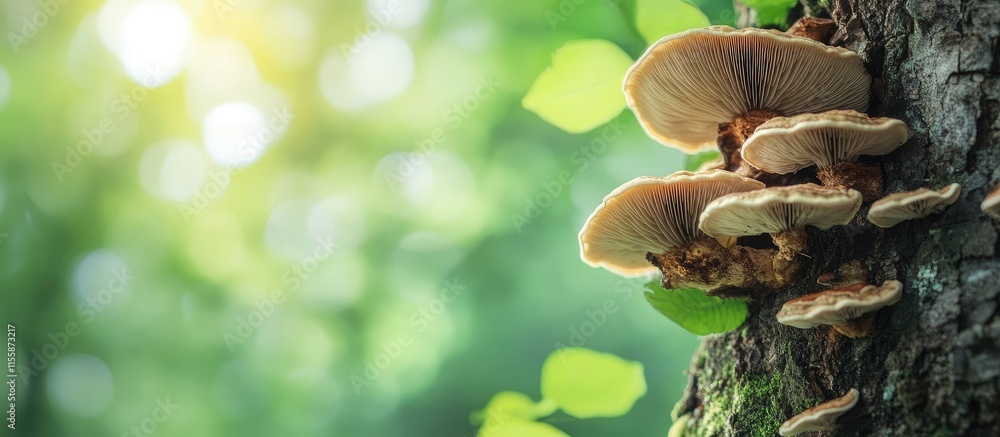 Poster bracket fungi growing on tree bark in a natural setting with lush greenery and empty space for your 