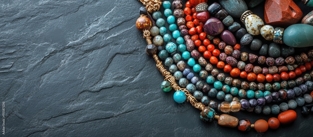 Poster assorted stone bracelets and pendants arranged on a textured background with space for your text or 