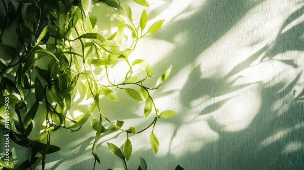 Poster close up of lush green leaves casting shadows on light background with space for text or design elem