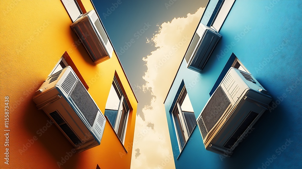 Aufkleber modern vibrant buildings with colorful air conditioning units viewed from below against the sky : ge