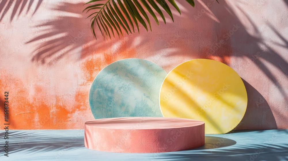 Poster minimalist round podium display with tropical palm shadows and colorful backdrops ideal for summer p