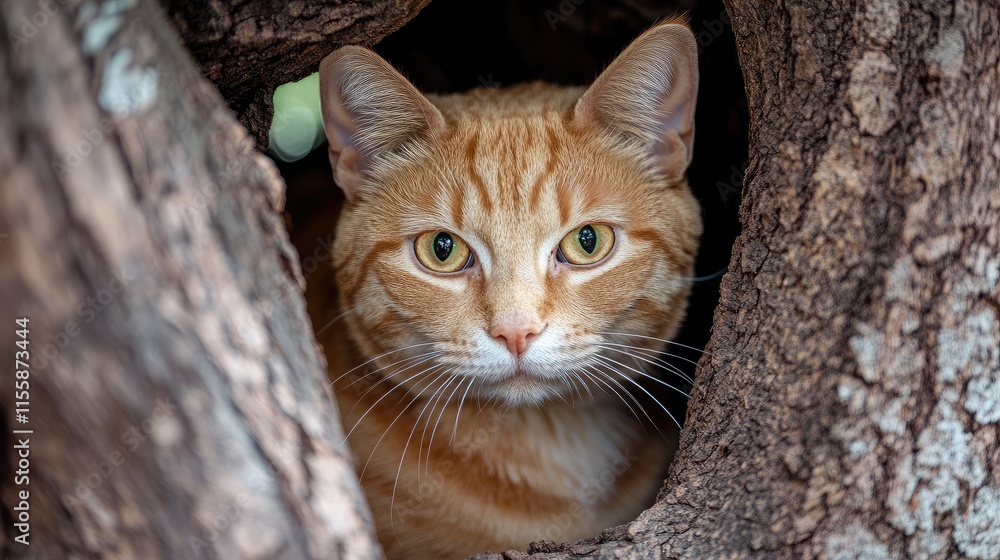 Aufkleber close up of a curious ginger tabby cat peering from a hidden nook with ample space for text in a nat