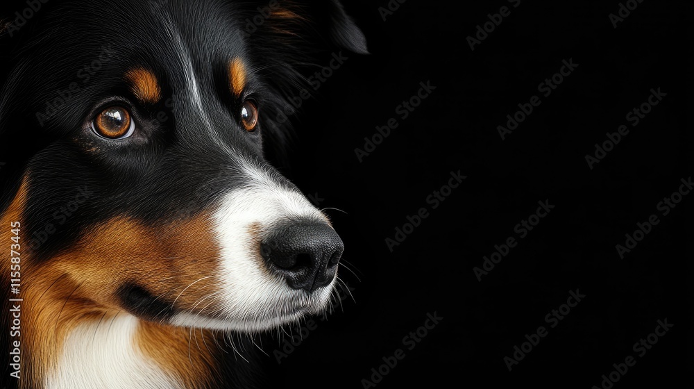 Poster close up portrait of an australian shepherd on black background with empty space for text and copywr