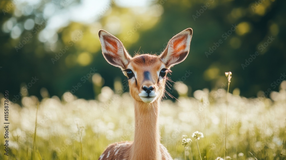 Poster portrait of gazelle in summer meadow with soft focus background and space for text or design element