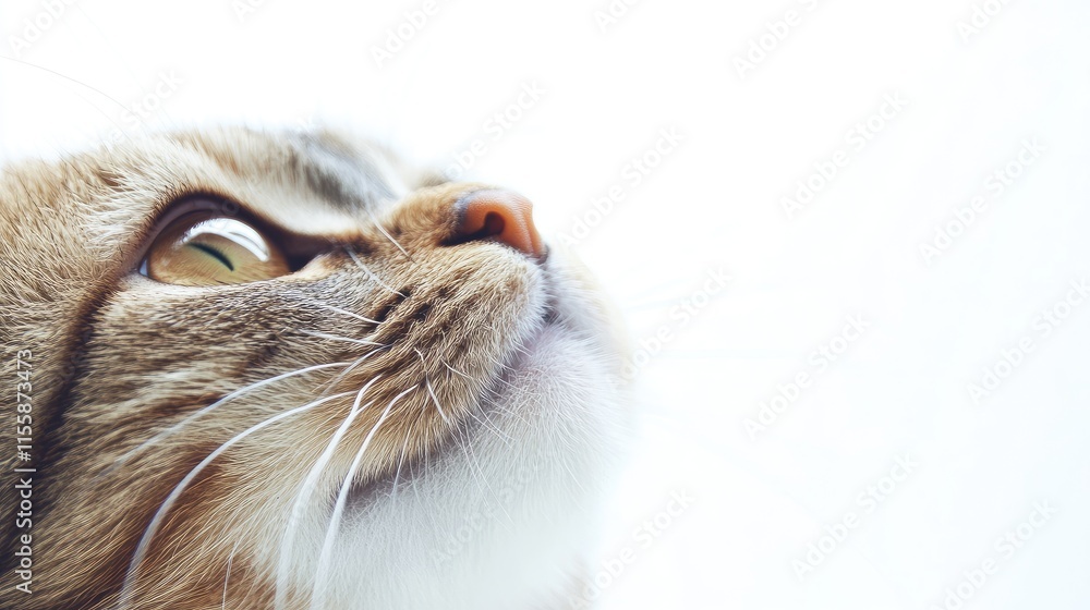 Poster close up of ginger grey exotic shorthair cat gazing upwards with soft focus background ideal for add