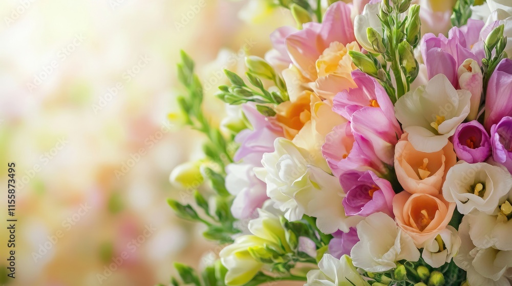 Poster freesia bouquet close up with vertical frame and soft background ideal for text overlay