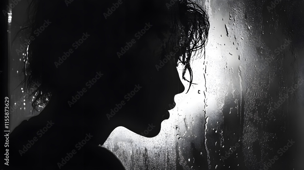 Poster silhouette of a contemplative woman behind a foggy window, capturing emotions of solitude and reflec