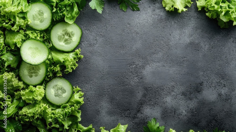 Poster fresh green salad with cucumber slices on dark textured background with space for text or branding e