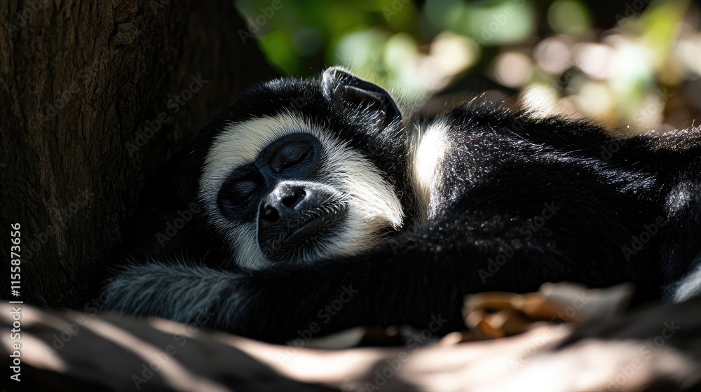 Poster Close up of a resting Talapoin monkey in the shade with soft focus background and empty space for text or design elements