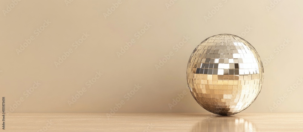Poster close up of a shimmering disco ball on a minimalist background with copy space for text and creative