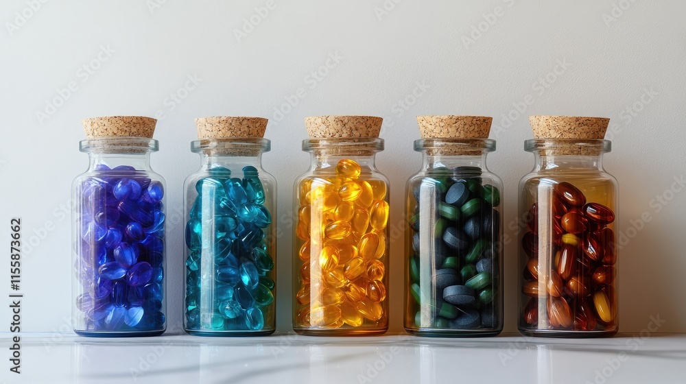 Poster colorful bottles of dietary supplements arranged in a flat lay with empty space for text promoting a
