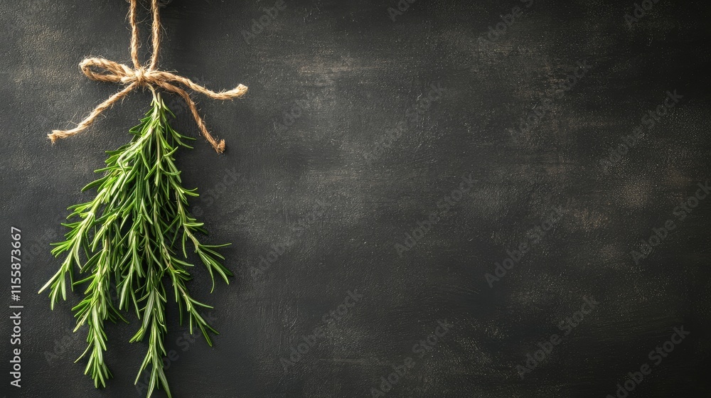 Poster close up of fresh rosemary herb hanging on twine against dark background with empty space for text o