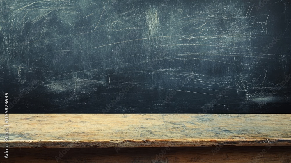 Poster close up of a blackboard with a wooden ledge providing ample empty space for text and creative writi
