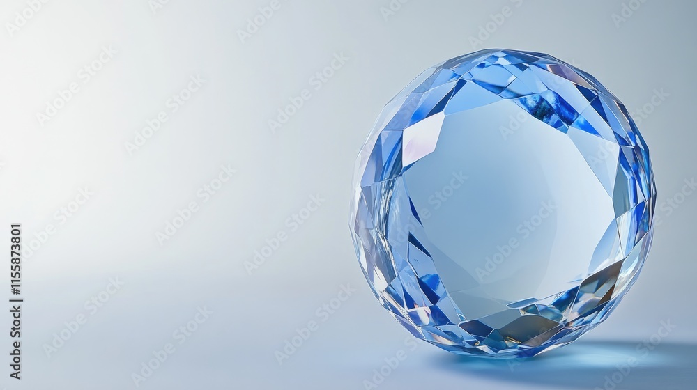 Poster close up of a blue crystal sphere showcasing shimmering reflections with a soft gradient background 