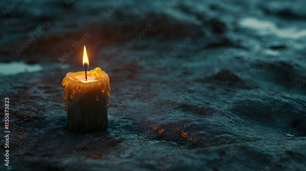 Poster Tranquil Scene of a Flickering Candle Flame on a Wet Surface, Illuminating Darkness and Creating an Intimate Atmosphere in Soft Natural Light