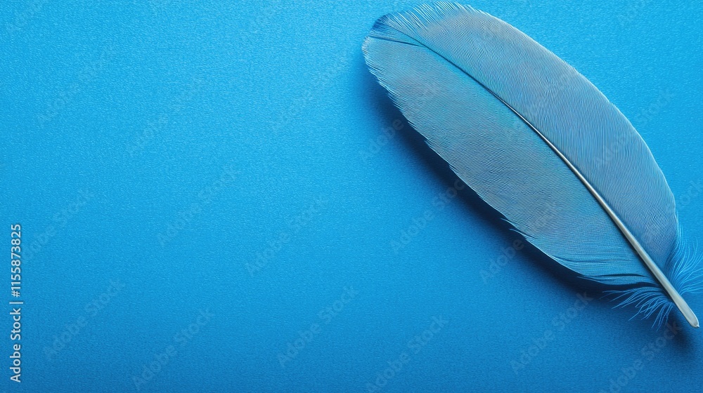 Poster delicate blue feather showcasing soft textures against a vibrant blue background with ample space fo