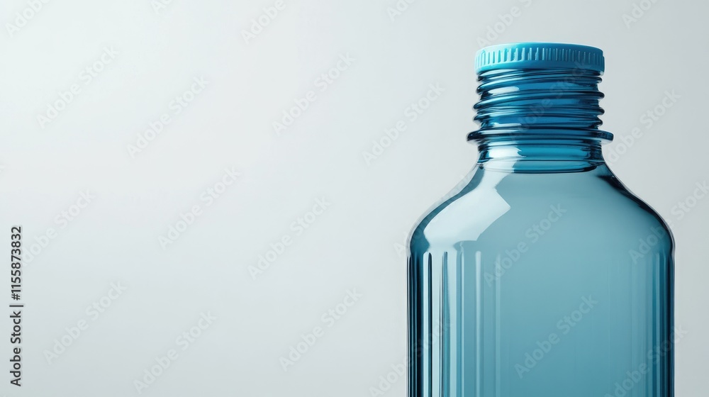 Poster close up shot of a blue plastic water bottle on a white background with ample empty space for custom