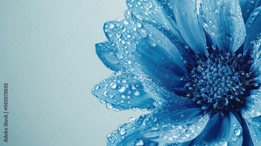 Poster close up of a blue cornflower with raindrops highlighting delicate petals and ample space for adding