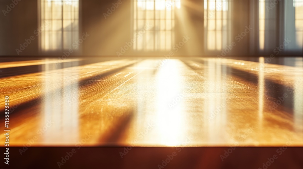 Poster boardroom table illuminated by warm sunlight creating an inviting atmosphere with ample copy space f