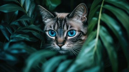 Blue eyed cat peeking through lush green foliage with a serene expression perfect for nature and pet themed visuals and advertising.