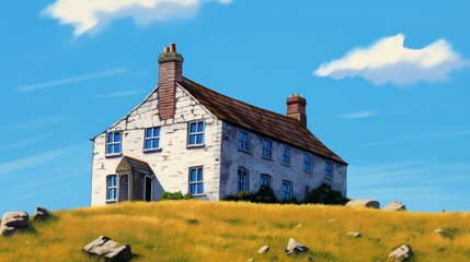 Y a quaint old delapidated english inn minimal image sitting on top of a hill with bright blue sky photorealistic -"Whimsy on the Hill: A Photorealistic Portrait of a Quaint