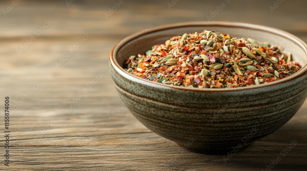Aufkleber aromatic spice blend in a rustic bowl on wooden table with ample copy space for culinary text or adv