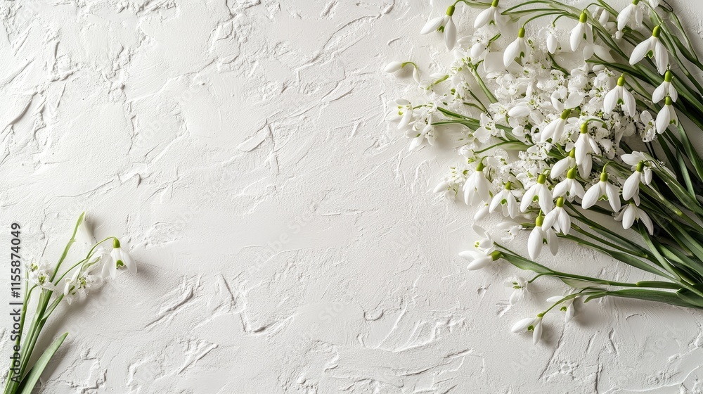 Poster bouquet of delicate snowdrops arranged on a textured white background with ample space for text and 