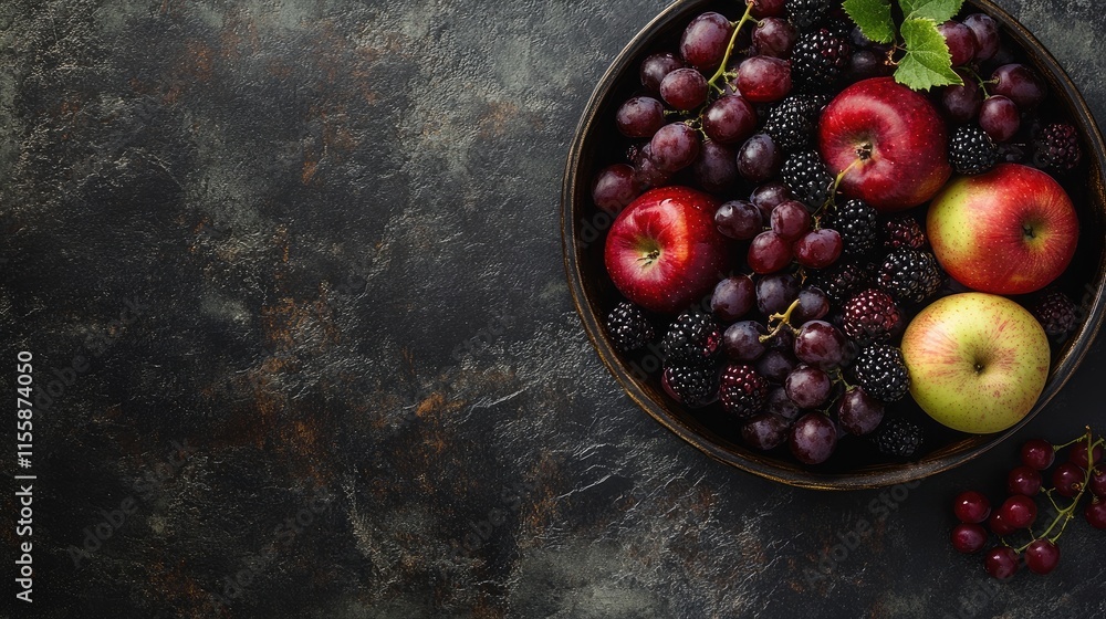 Poster bowl of fresh fruit salad with apples grapes and blackberries on a textured background with empty sp