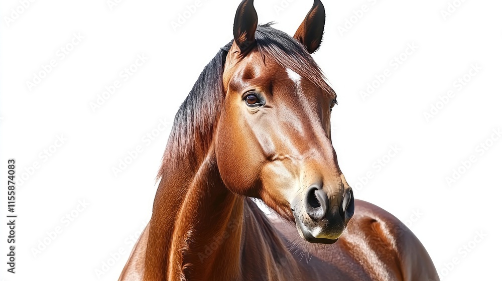 Poster close up of a brown horse's face looking at the camera with a soft white background perfect for addi