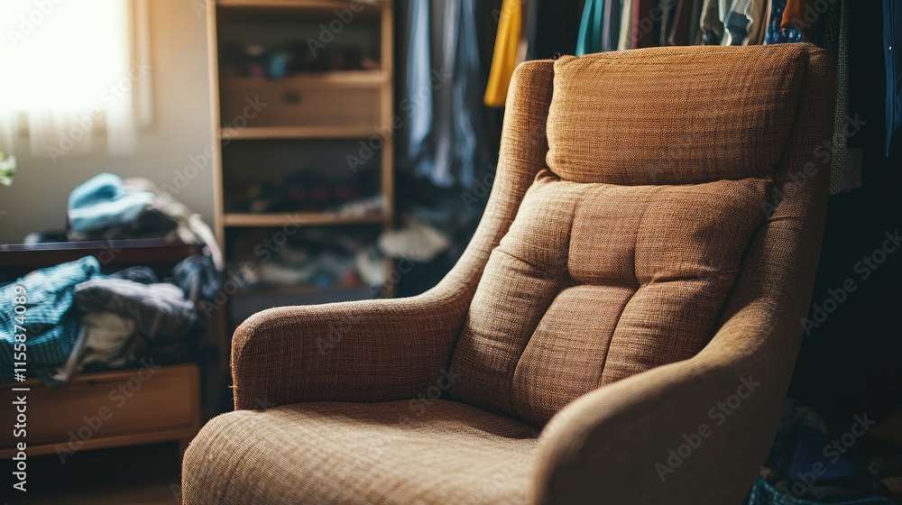 Aufkleber cozy brown upholstered armchair in a messy wardrobe setting with empty space for text highlighting c