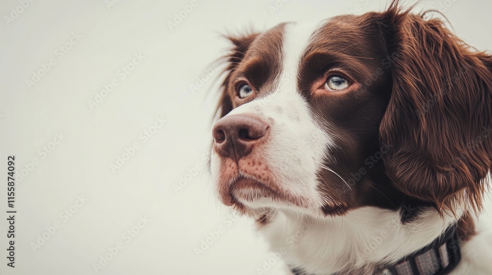 Poster close up portrait of a brown and white dog with expressive eyes on a light background featuring ampl