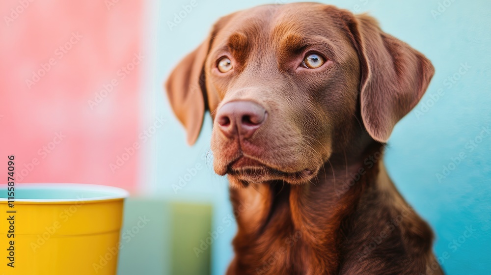 Aufkleber close up of a brown dog with blue eyes beside a colorful container and vibrant background ideal for 