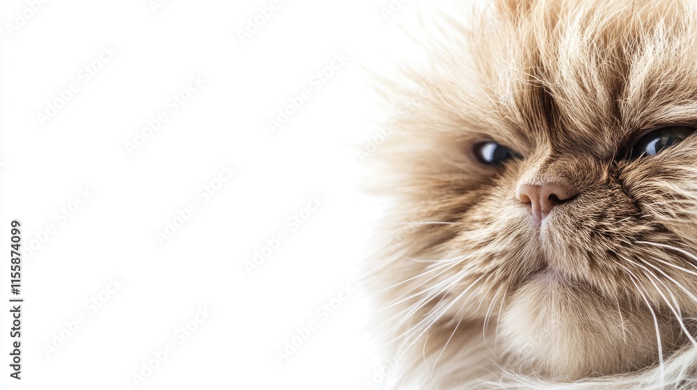 Poster close up of a fluffy brown cat's face with expressive features against a minimal white background id