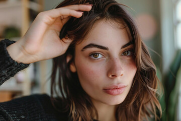 Naklejka premium AI generated image of smiling beautiful woman getting hair styled at salon