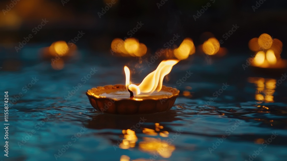 Poster close up view of a burning oil lamp on water during an evening festival with floating lamps and soft