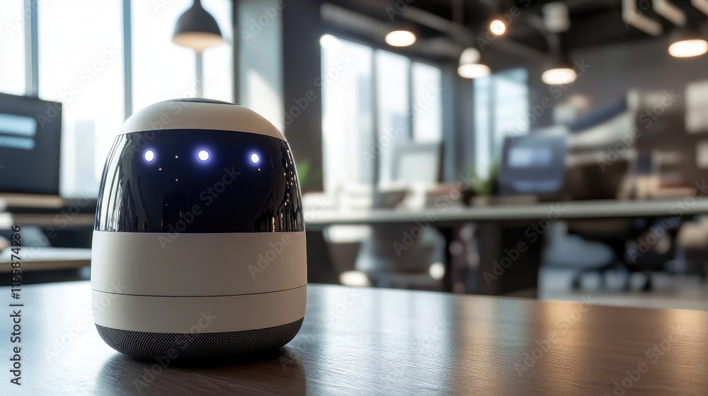 Poster smart voice assistant device in modern office environment with ai technology featuring empty space f