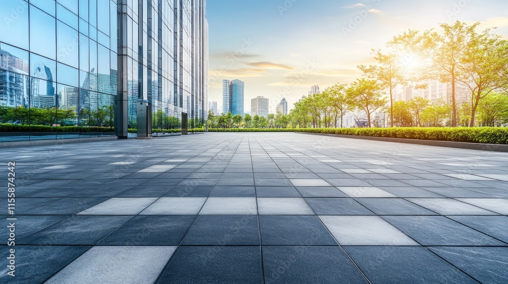 Poster modern urban landscape featuring a close-up of a sleek building with expansive empty space for text 