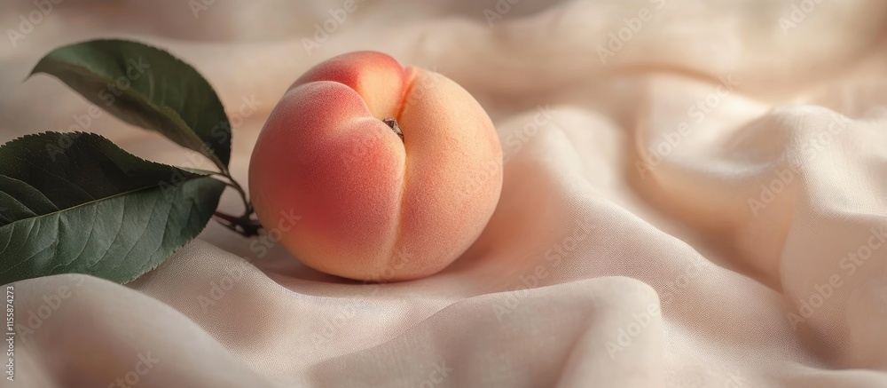 Poster close up of a fresh peach resting on soft fabric with a blank space for text or advertising message