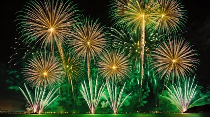Fototapeta premium Brilliant Green and Yellow Fireworks Illuminating the Night