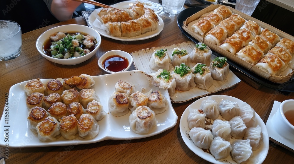 Poster assorted asian dumplings featuring gyoza wontons and more on a rustic table setting