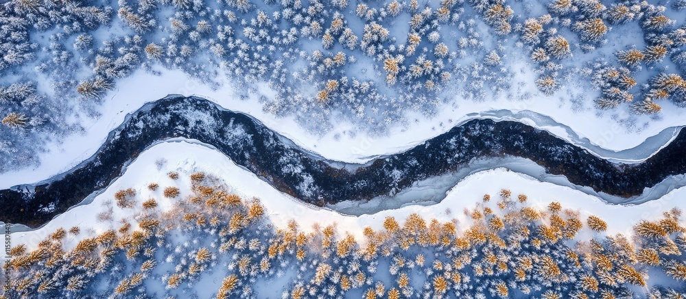 Poster aerial view of a winding river through a snowy pine forest with ample space for text and a serene wi