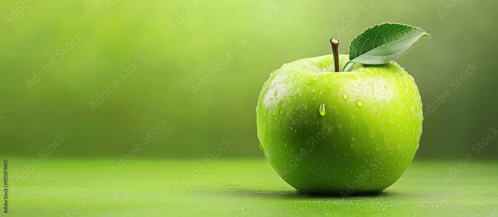 Poster close up of a fresh green apple nestled in an orchard with a soft blurred background and room for te