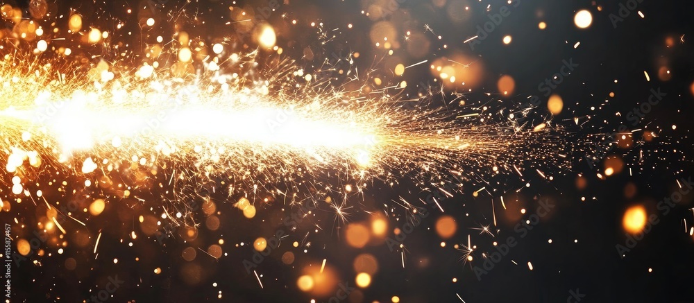 Poster close up of bright flying sparks from a plasma cutting tool with dark background and ample space for