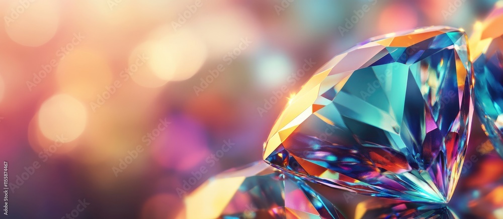 Poster close up of a vibrant gemstone highlighting intricate facets with a blurred colorful background and 